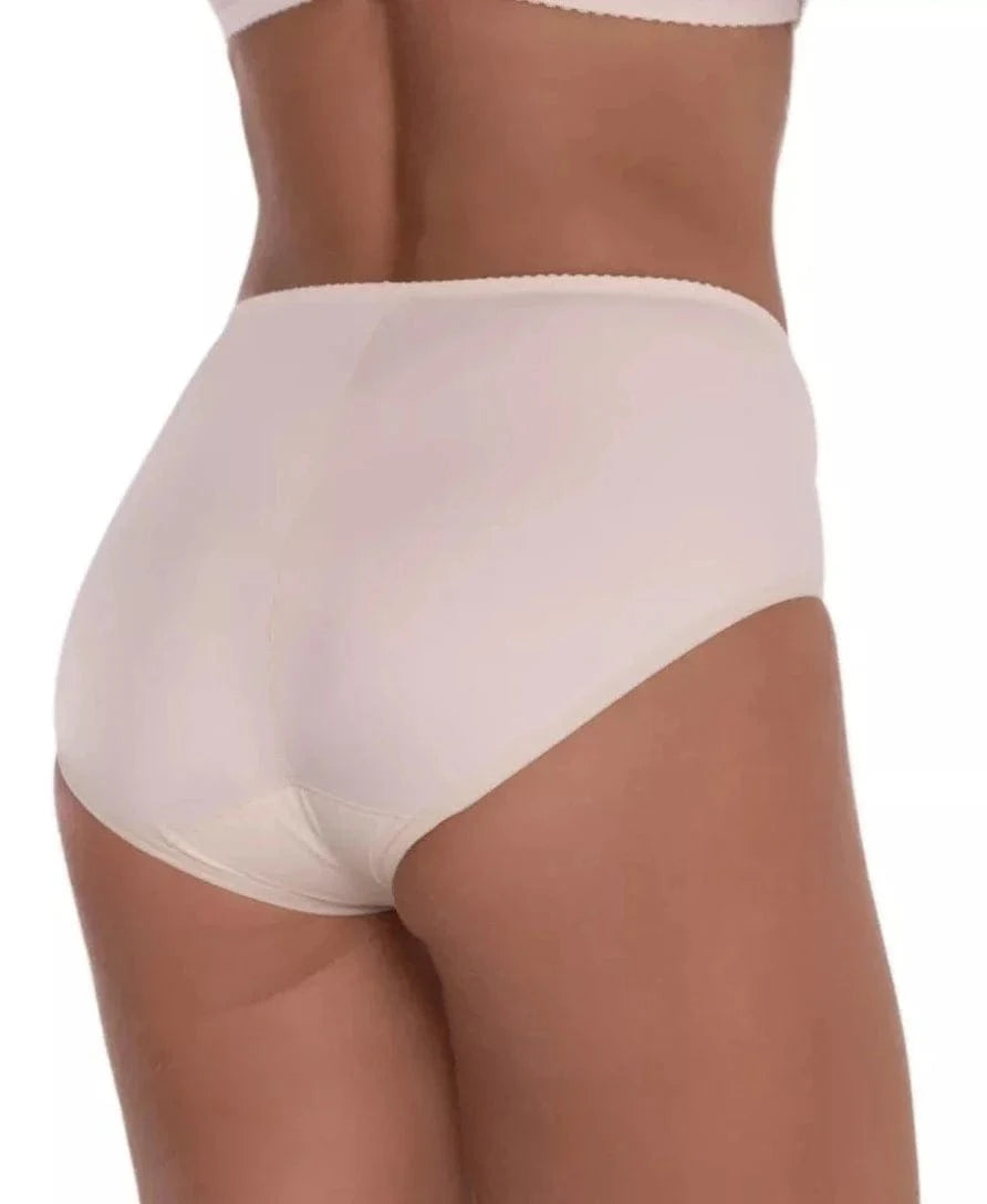 Beige high-waisted briefs seen from the back, featuring full coverage and a simple elasticated waistband.