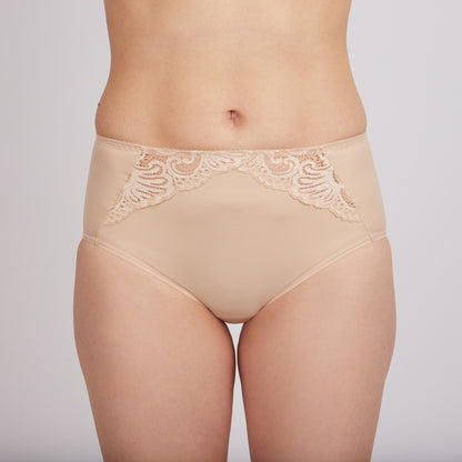Beige high-waisted briefs with decorative lace detailing along the upper front panel.