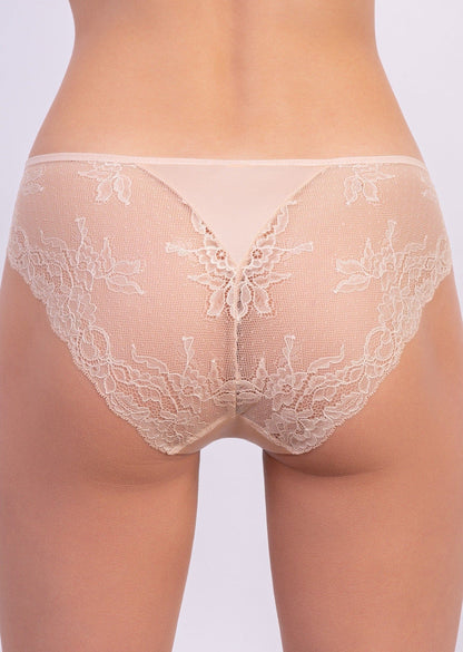 Nude-colored lace panties with a smooth triangular panel in the back and a sheer scalloped floral lace trim.