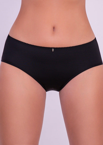 Black bikini-style panties with a delicate scalloped edge at the waistband and a small decorative silver charm centered at the front.