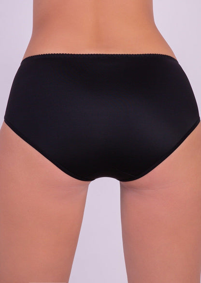 A back view of black full-coverage briefs with a delicate scalloped edge waistband.