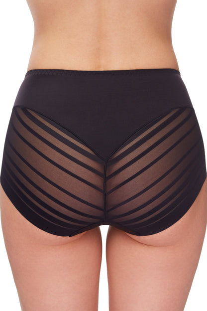 Black high-waisted briefs featuring sheer panels with horizontal black stripes on the back.
