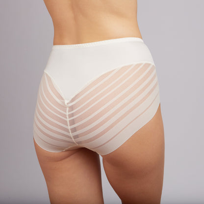 A pair of off-white high-waisted briefs with sheer, horizontal-striped mesh panels on the back, shown on a model against a plain grey background.