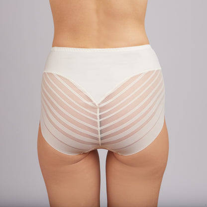 A back view of white high-waisted briefs featuring a sheer, striped mesh fabric on the sides and rear with a solid fabric panel at the top.