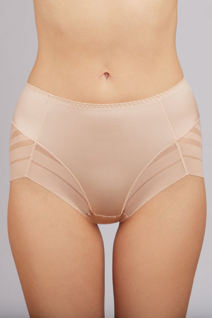 Nude-colored high-waisted briefs featuring side panel detailing with horizontal stitching against a plain light gray background.
