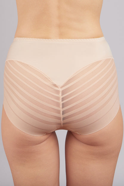 Beige high-waisted briefs with a smooth waistband and textured striped side panels worn on a model against a light gray background.