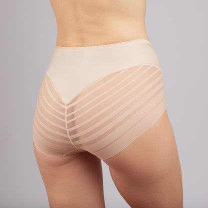 Beige high-waisted briefs with sheer horizontal striped mesh panels on the sides and back, modeled from the rear view against a plain gray background.