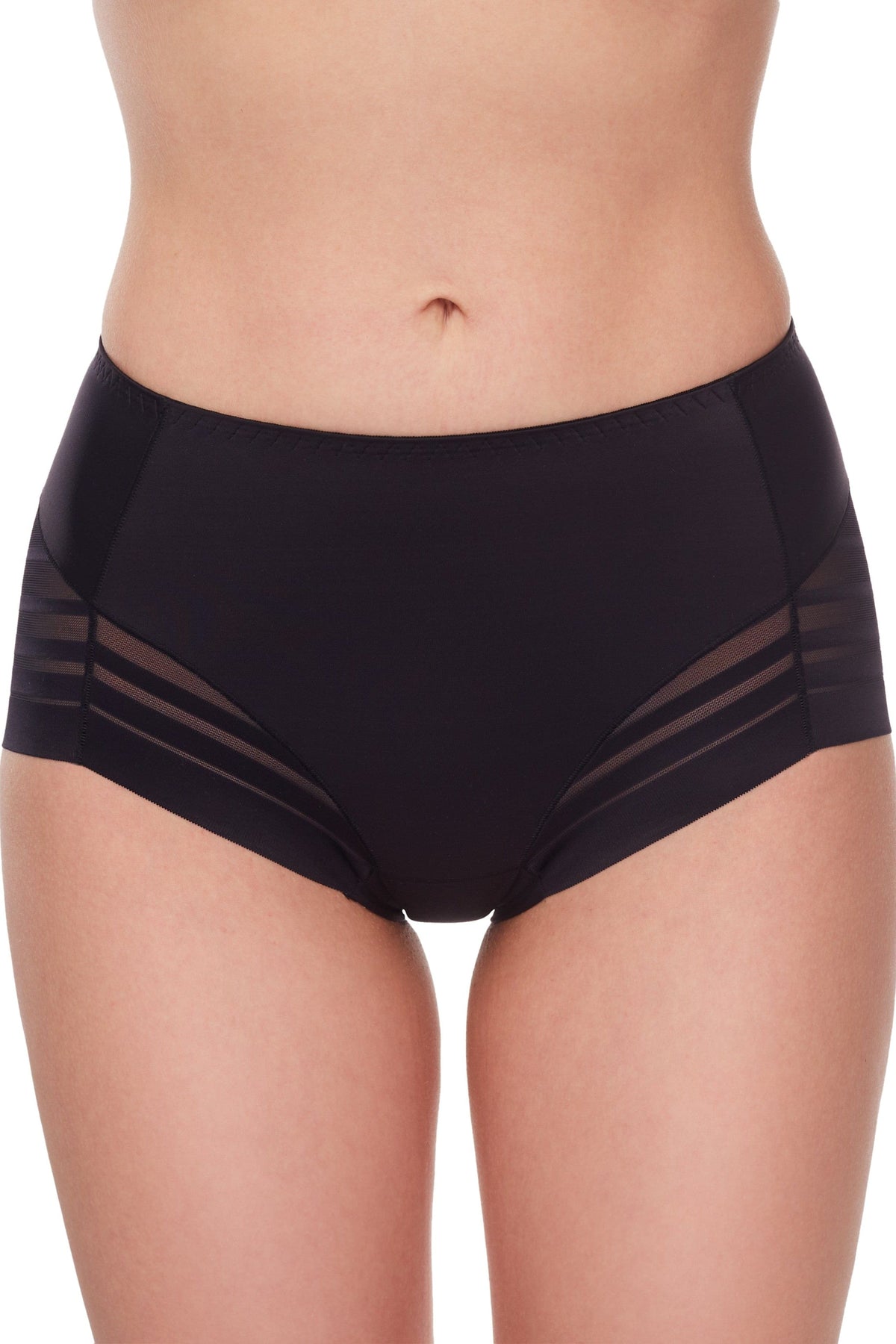 Black full-coverage briefs with semi-sheer striped side panels worn on a person against a white background.