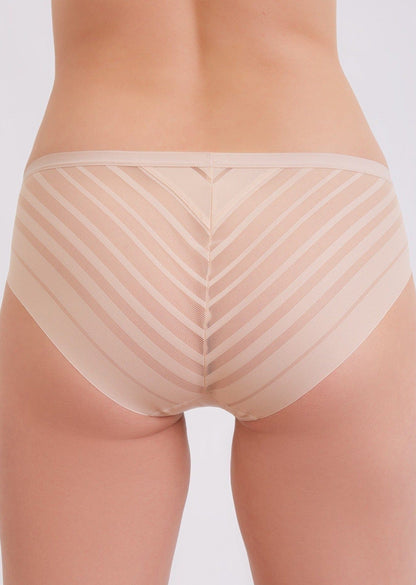 Beige panties with a seamless construction featuring a repeating chevron pattern of horizontal stripes on the back.