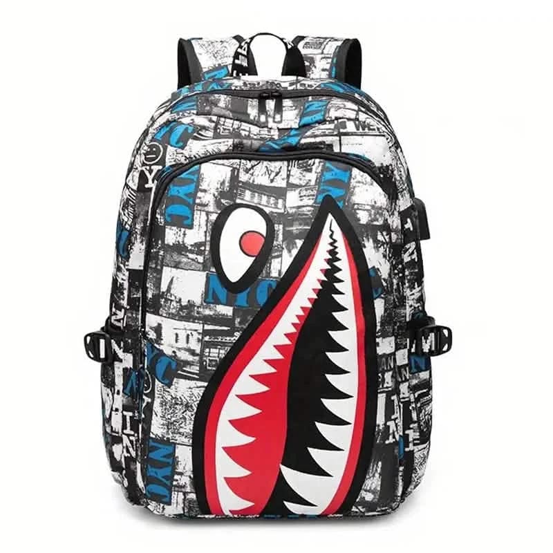 Patterned Shark Nylon Student Backpack - A-1 Thread Vault