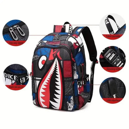 Patterned Shark Nylon Student Backpack - A-1 Thread Vault