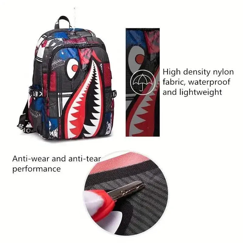 Patterned Shark Nylon Student Backpack - A-1 Thread Vault