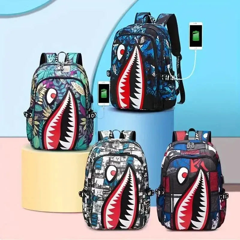 Patterned Shark Nylon Student Backpack - A-1 Thread Vault