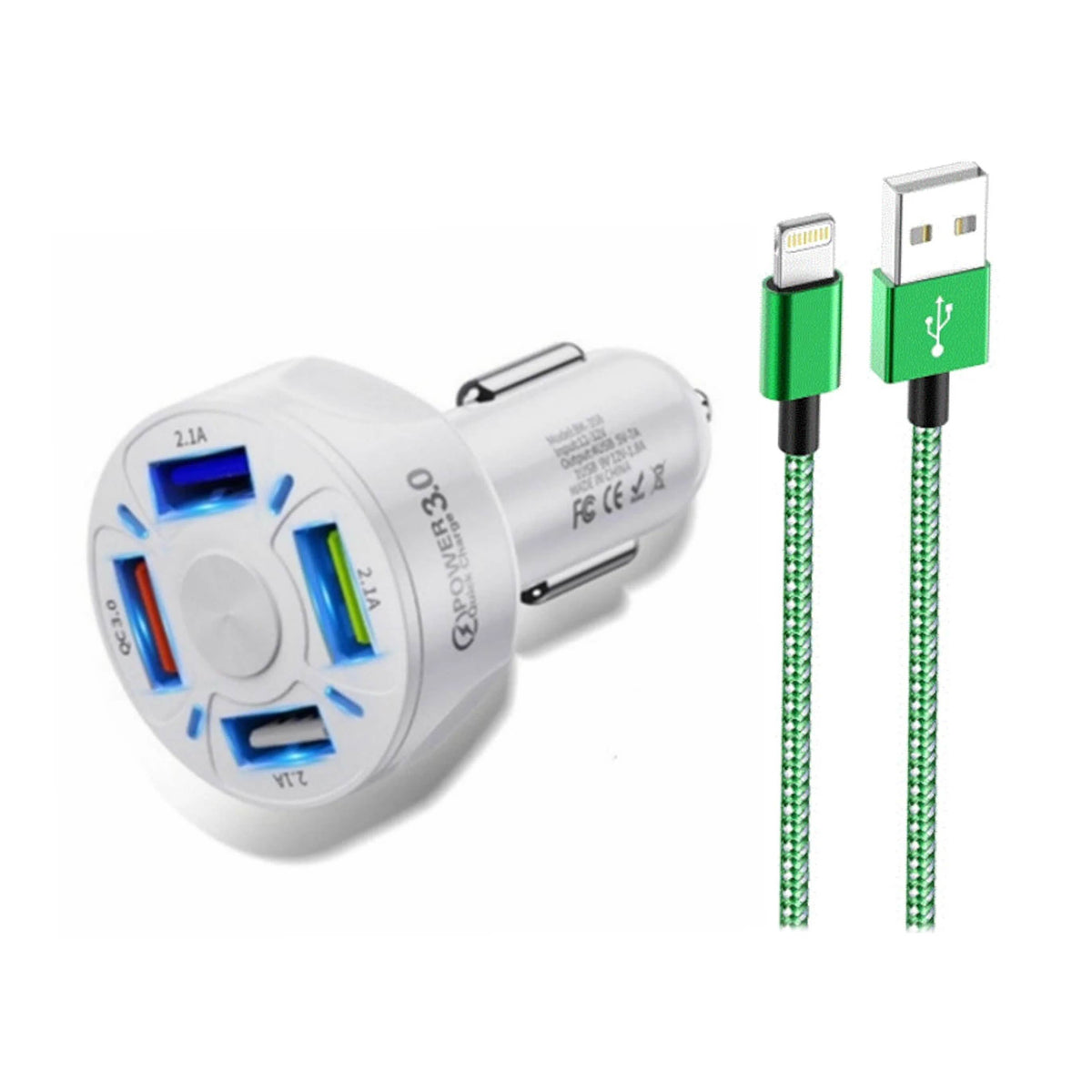PBG 4 Port LED Car Charger and 6Ft. Lightning Cable Combo - A-1 Thread Vault