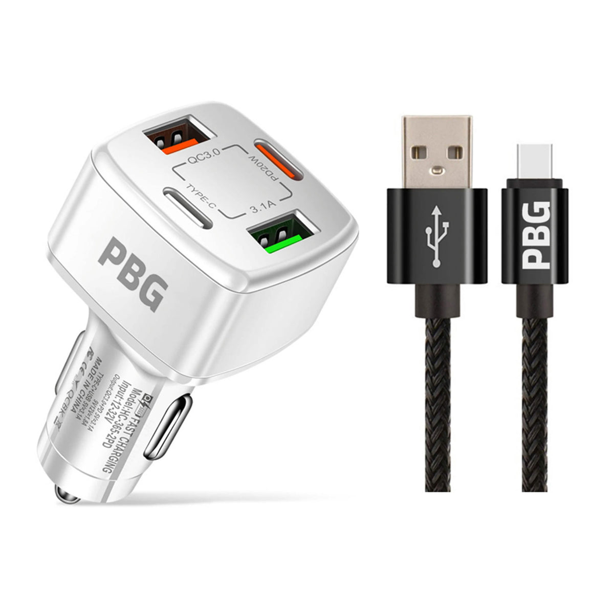 PBG 4 Port PD/USB Car Charger and 10Ft. Zebra Style Lightning Cable Bundle - A-1 Thread Vault