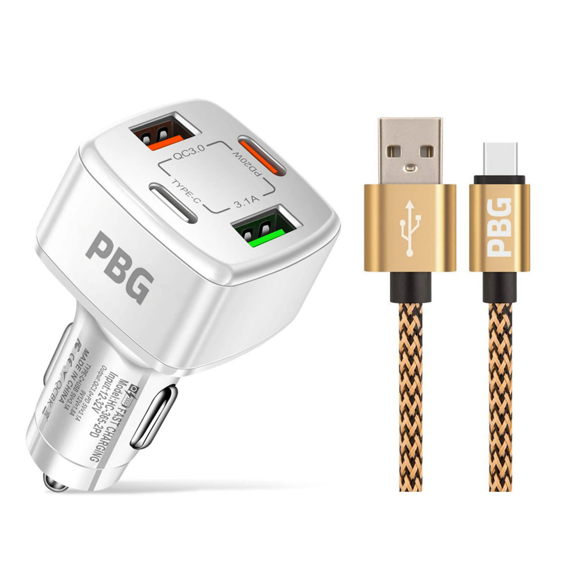 PBG 4 Port PD/USB Car Charger and 10Ft. Zebra Style Lightning Cable Bundle - A-1 Thread Vault