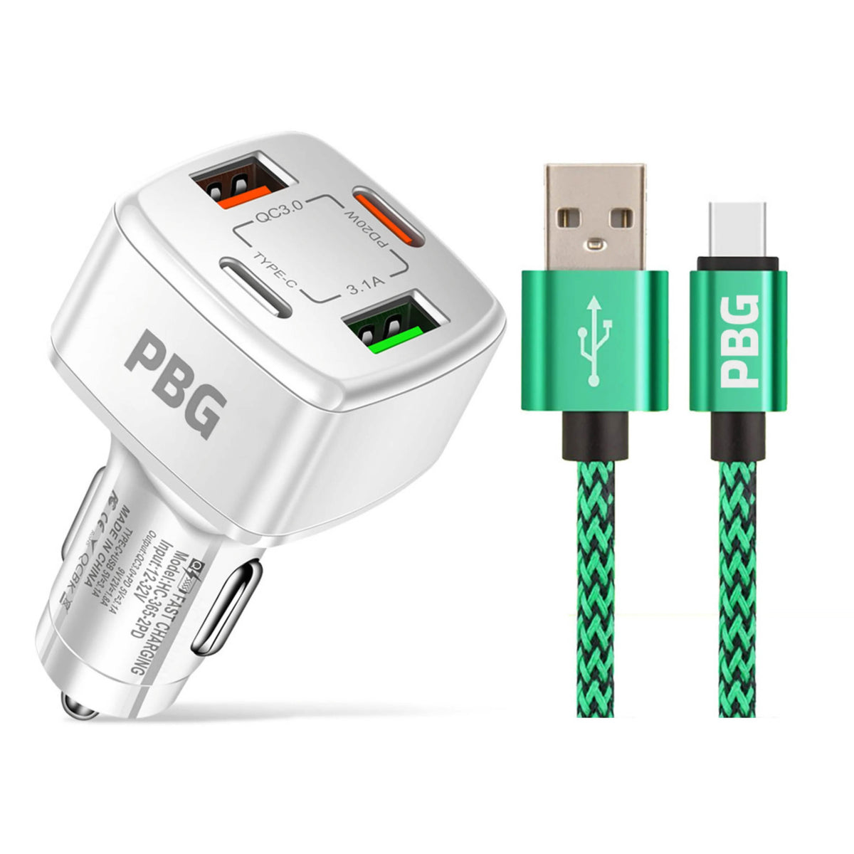 PBG 4 Port PD/USB Car Charger and 10Ft. Zebra Style Lightning Cable Bundle - A-1 Thread Vault