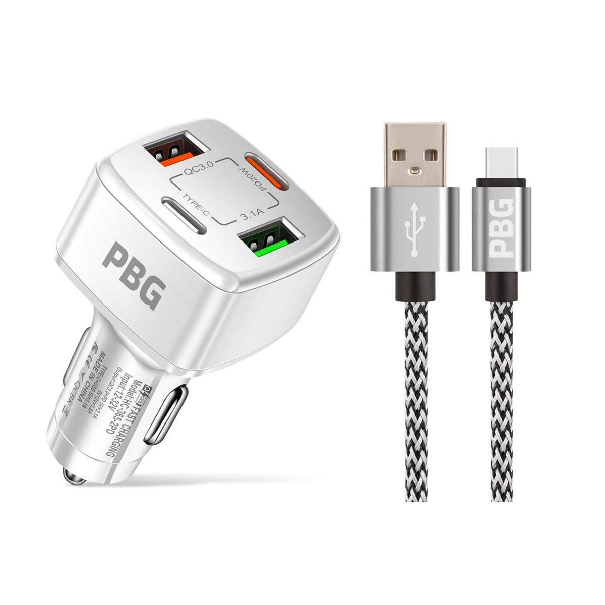 PBG 4 Port PD/USB Car Charger and 10Ft. Zebra Style Lightning Cable Bundle - A-1 Thread Vault