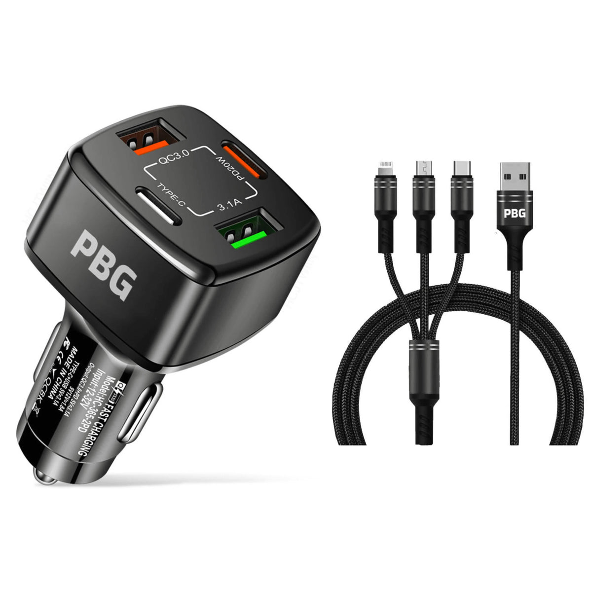 PBG Black 4 Port Car Charger and 4FT - 3 in 1 Nylon Cable Combo - A-1 Thread Vault