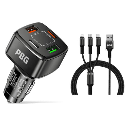 PBG Black 4 Port Car Charger and 4FT - 3 in 1 Nylon Cable Combo - A-1 Thread Vault