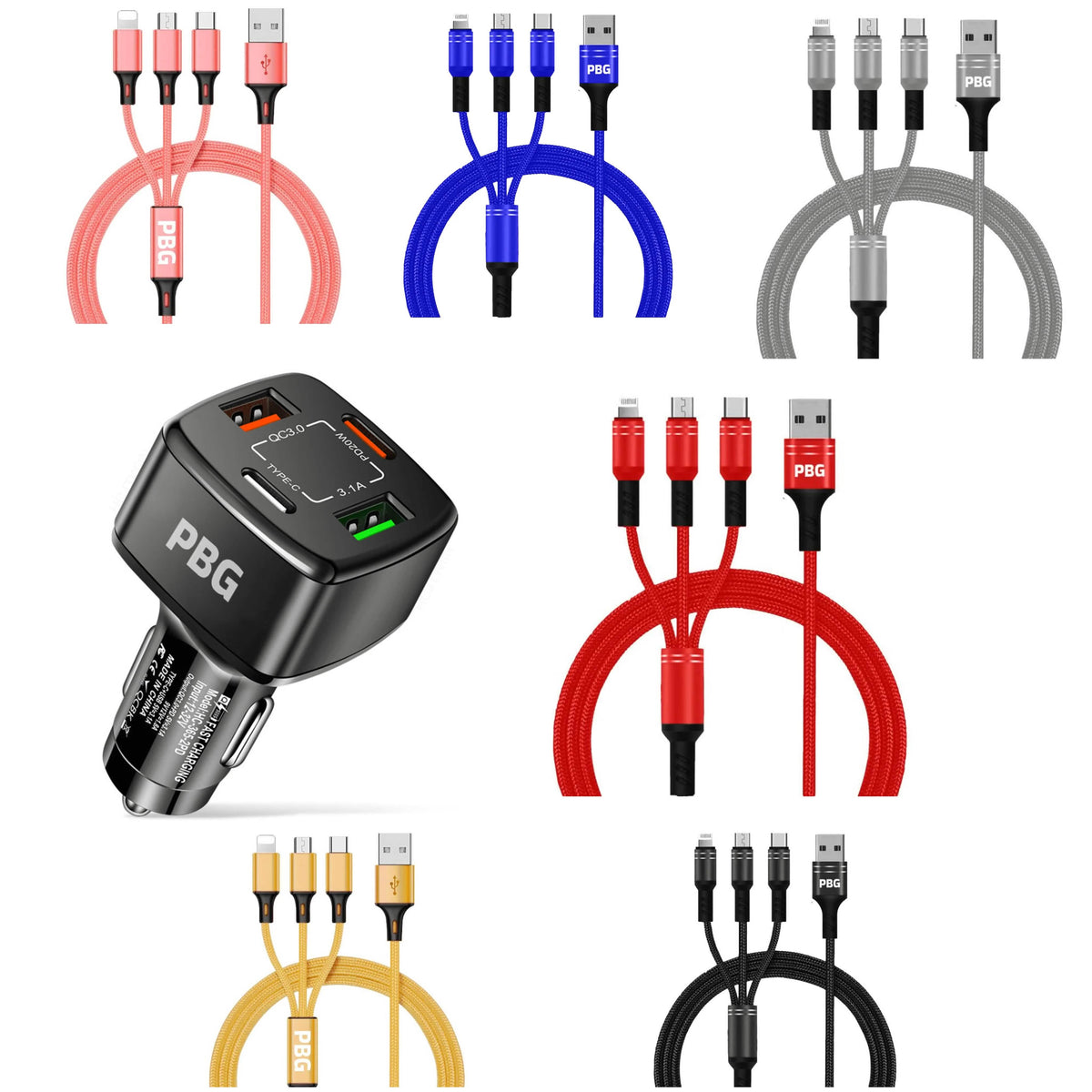 PBG Black 4 Port Car Charger and 4FT - 3 in 1 Nylon Cable Combo - A-1 Thread Vault
