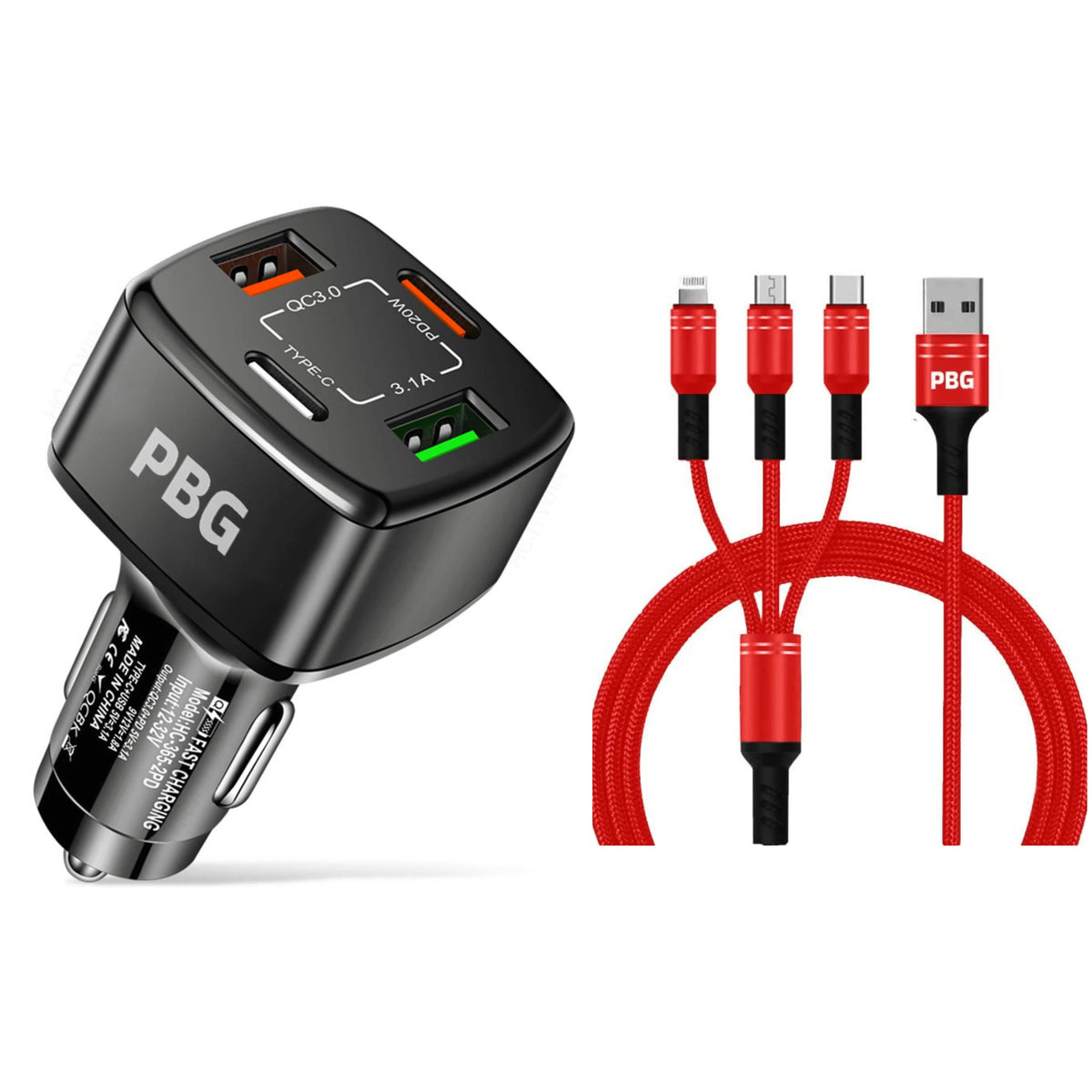 PBG Black 4 Port Car Charger and 4FT - 3 in 1 Nylon Cable Combo - A-1 Thread Vault