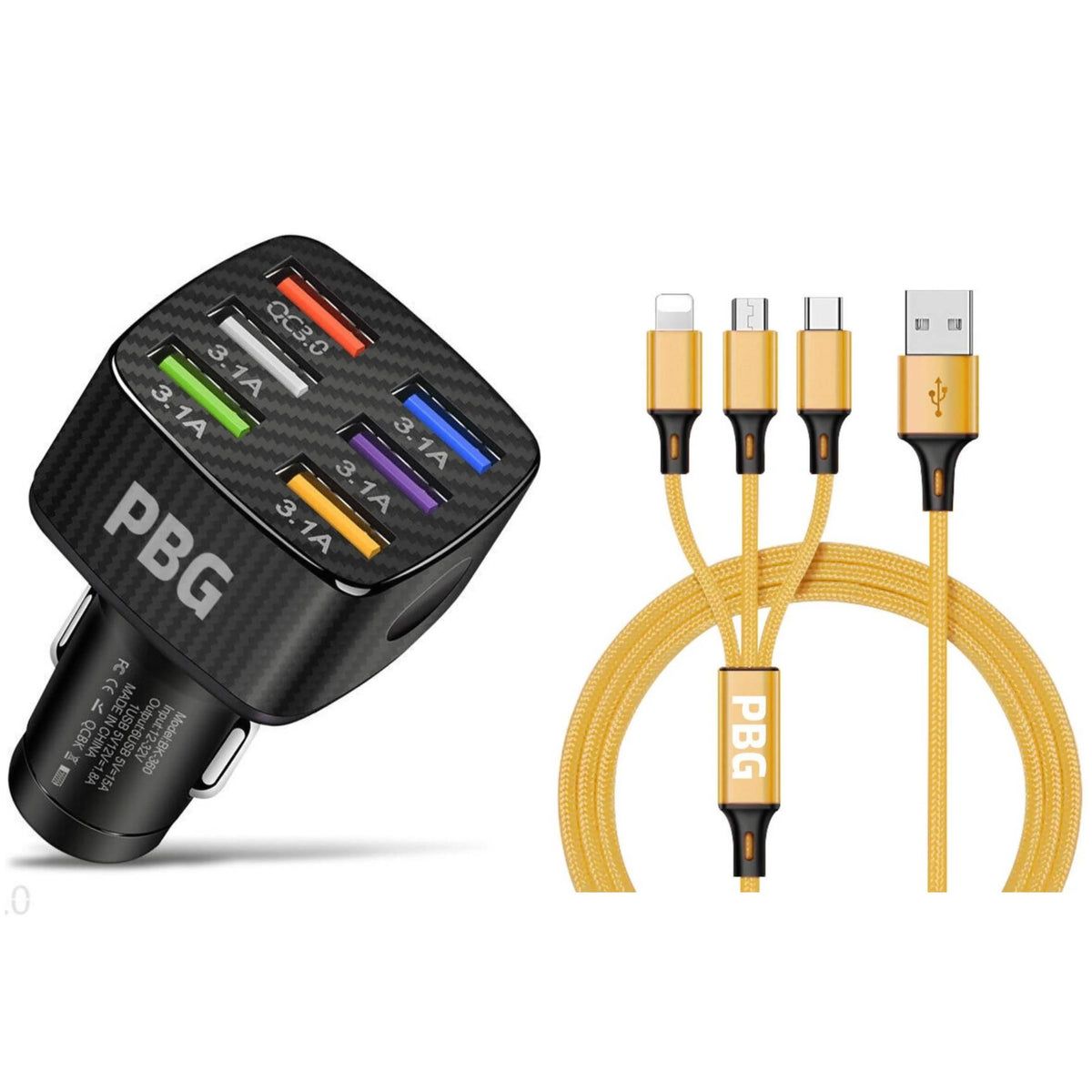 PBG Black LED 6 Port Car Charger and 4FT- 3 In 1 Cable Combo - A-1 Thread Vault