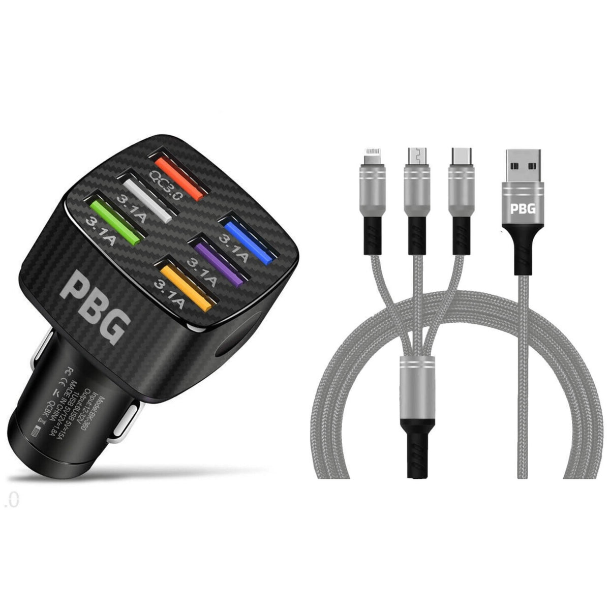 PBG Black LED 6 Port Car Charger and 4FT- 3 In 1 Cable Combo - A-1 Thread Vault