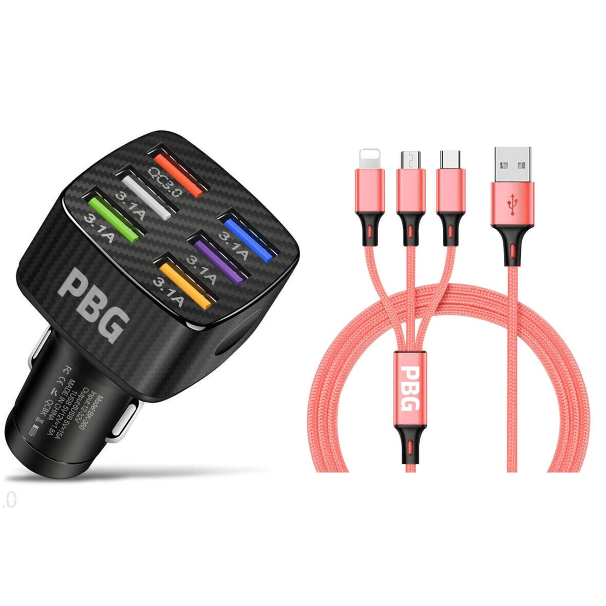 PBG Black LED 6 Port Car Charger and 4FT- 3 In 1 Cable Combo - A-1 Thread Vault