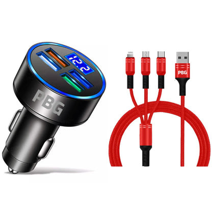 PBG LED 4 Port Car Charger Voltage Display and 3-in-1 Cable Bundle - A-1 Thread Vault