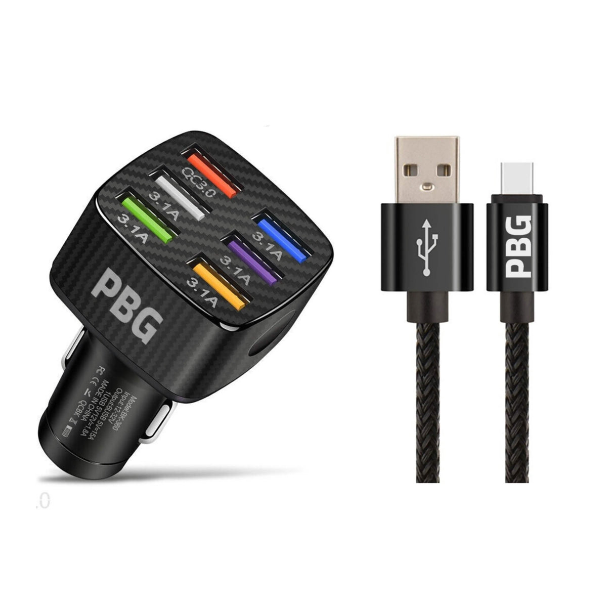 PBG LED 6 Port Car Charger and 10Ft. XL Zebra Lightning Cable Combo - A-1 Thread Vault