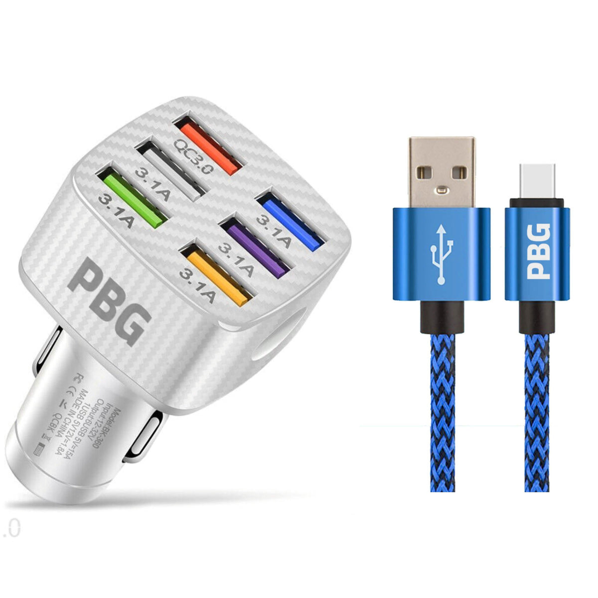 PBG LED 6-Port Car Charger and 10FT XL Zebra Lightning Cable Combo - A-1 Thread Vault
