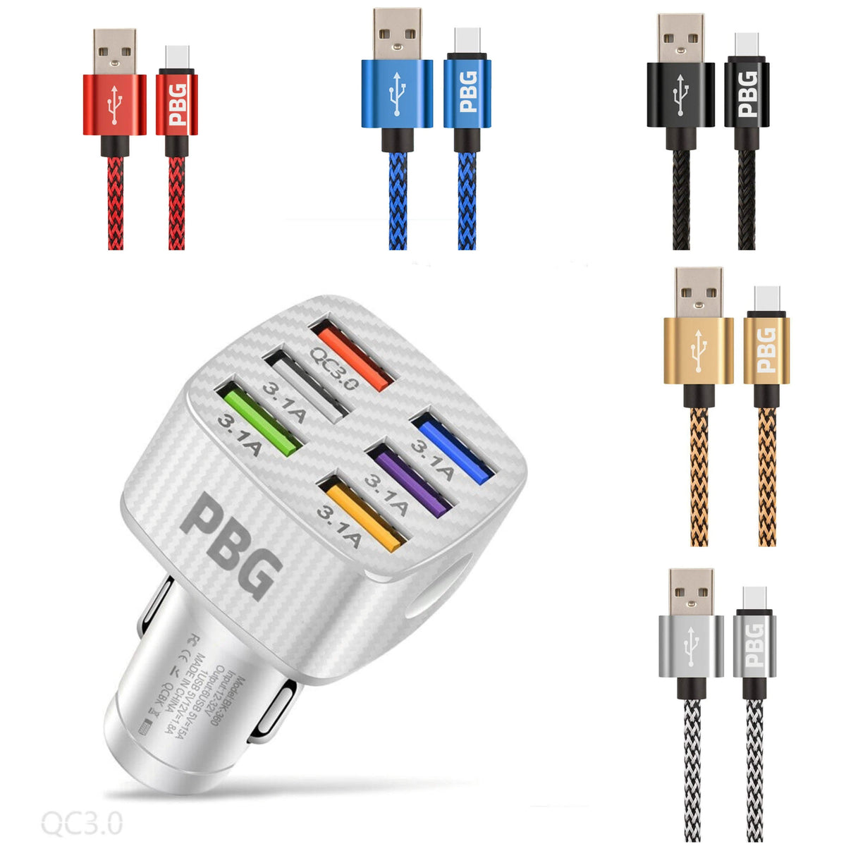PBG LED 6-Port Car Charger and 10FT XL Zebra Lightning Cable Combo - A-1 Thread Vault