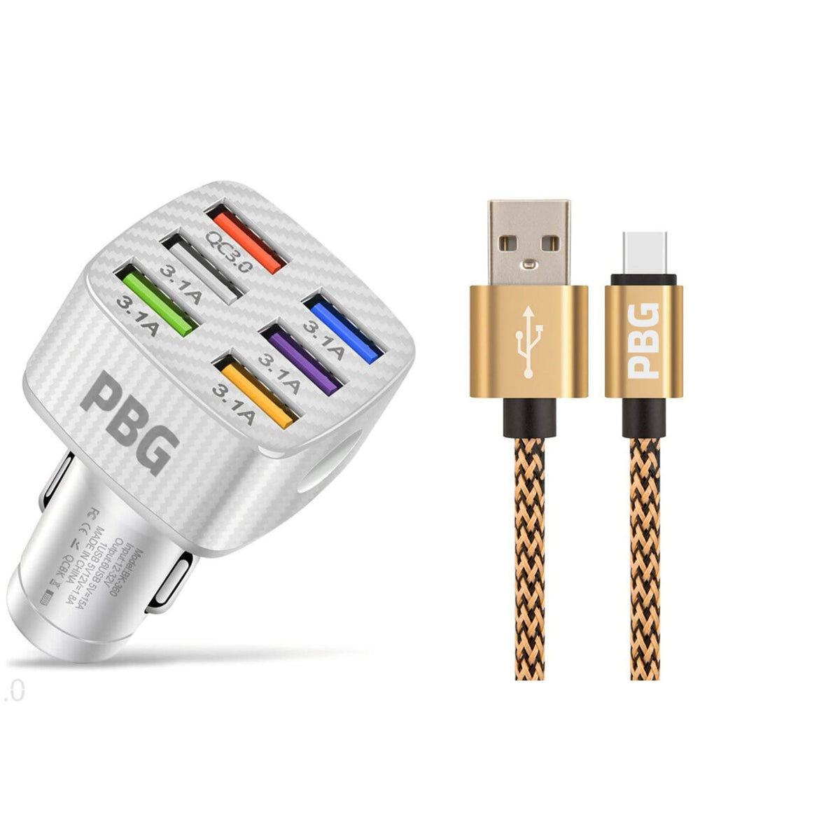 PBG LED 6-Port Car Charger and 10FT XL Zebra Lightning Cable Combo - A-1 Thread Vault