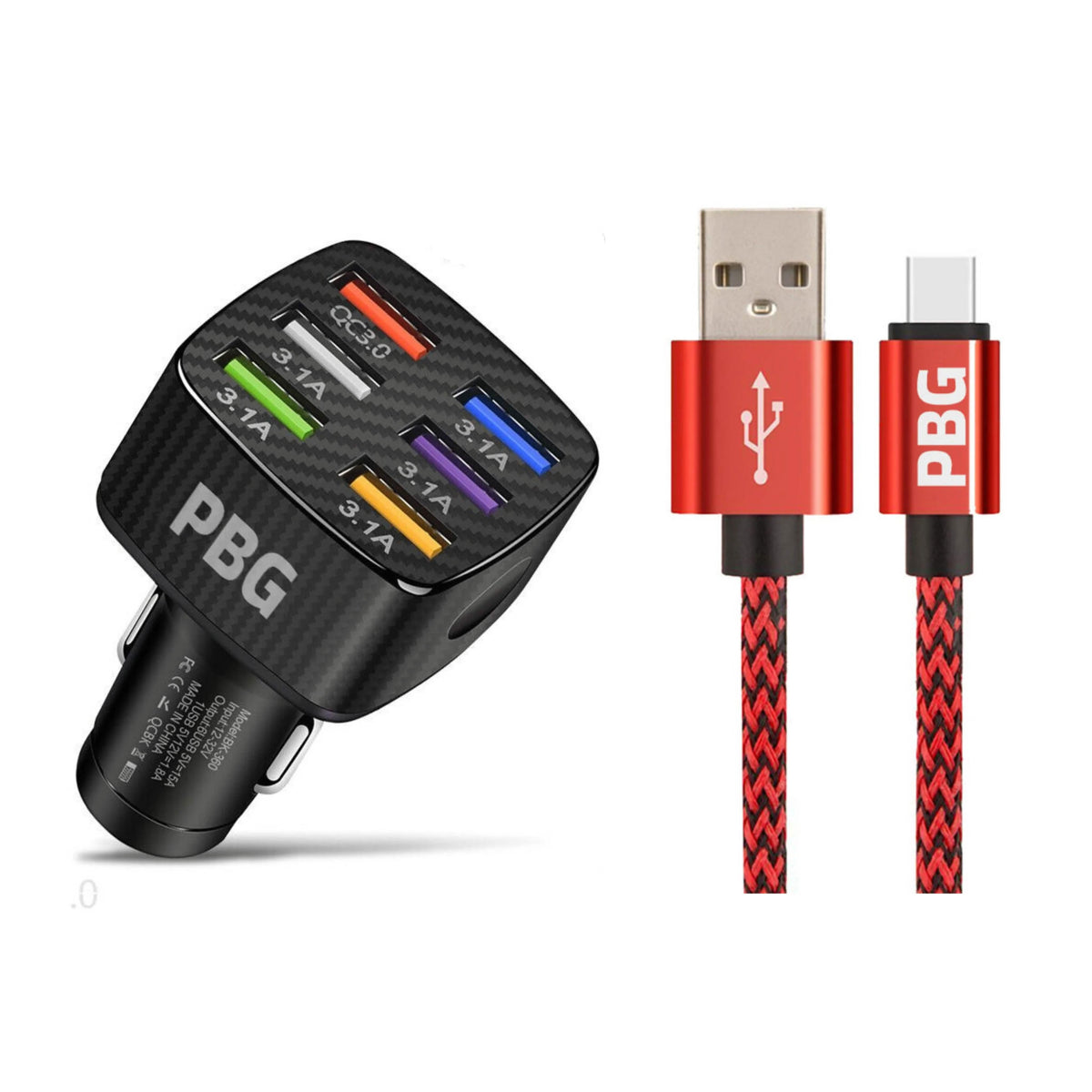 PBG LED 6 Port Car Charger and 10Ft. XL Zebra Lightning Cable Combo - A-1 Thread Vault