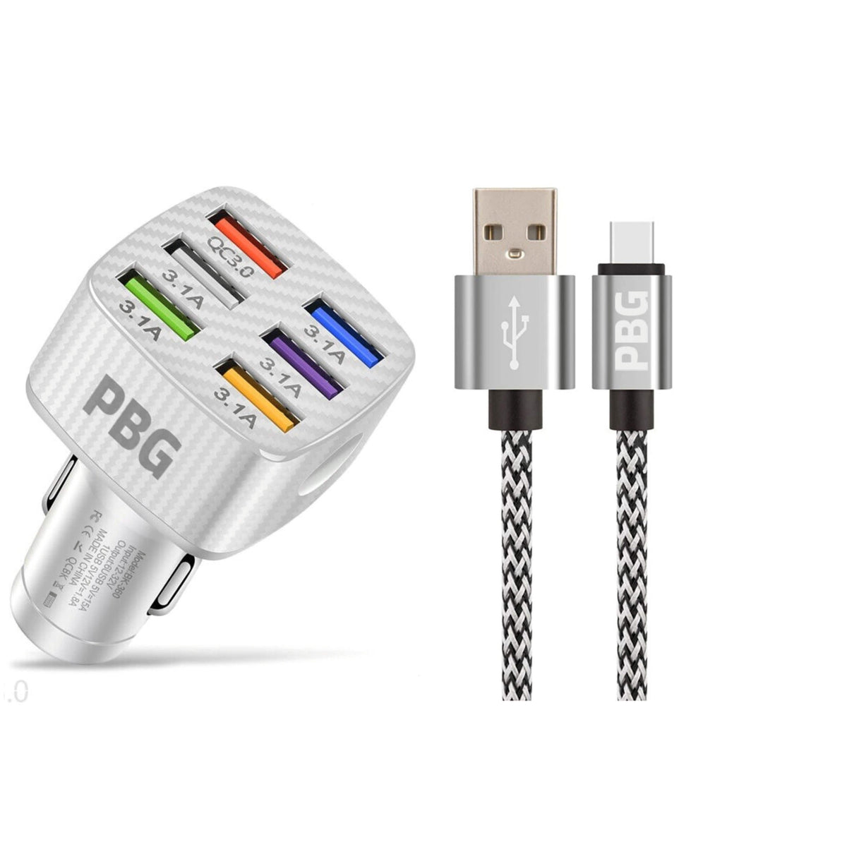 PBG LED 6-Port Car Charger and 10FT XL Zebra Lightning Cable Combo - A-1 Thread Vault