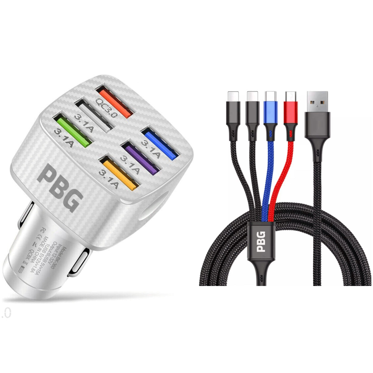 PBG LED 6-Port Car Charger and 4 in 1 Nylon Charging Cable Bundle - A-1 Thread Vault