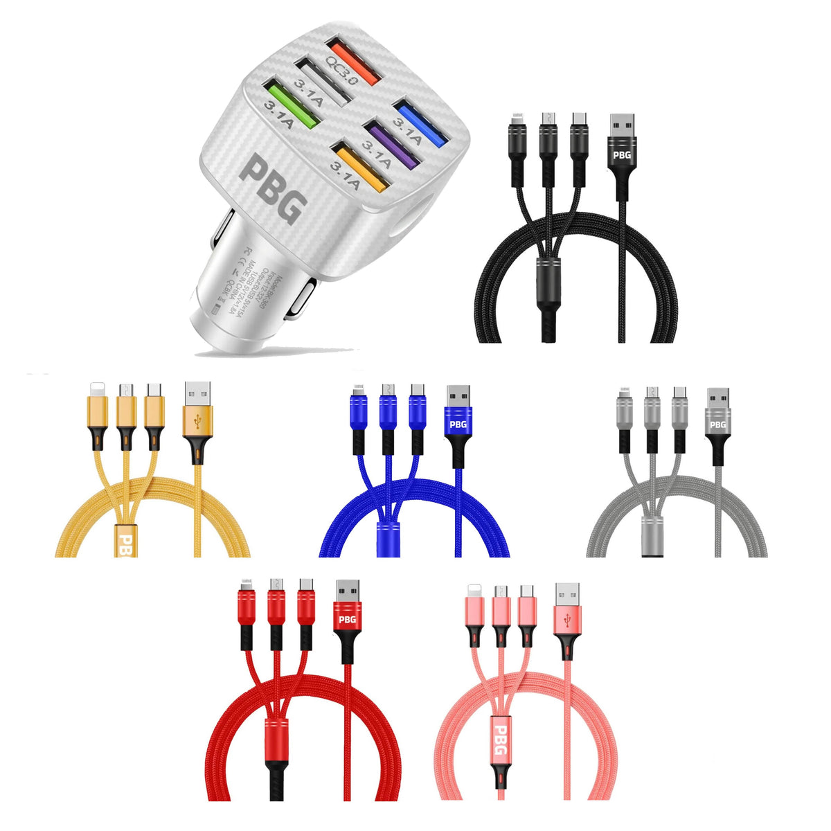 PBG LED 6 Port Car Charger and 4Ft. 3-in-1 Cable Combo - A-1 Thread Vault