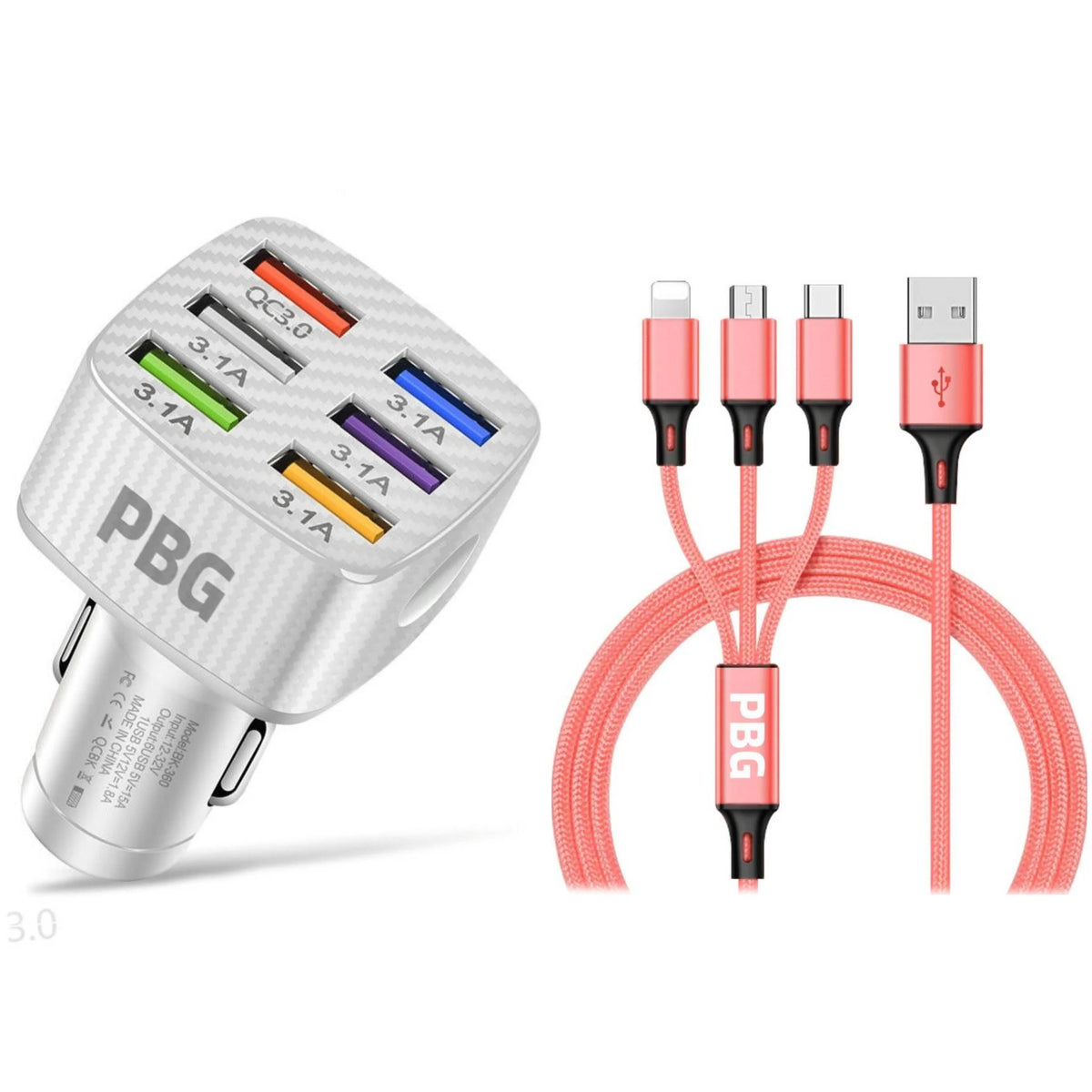 PBG LED 6 Port Car Charger and 4Ft. 3-in-1 Cable Combo - A-1 Thread Vault