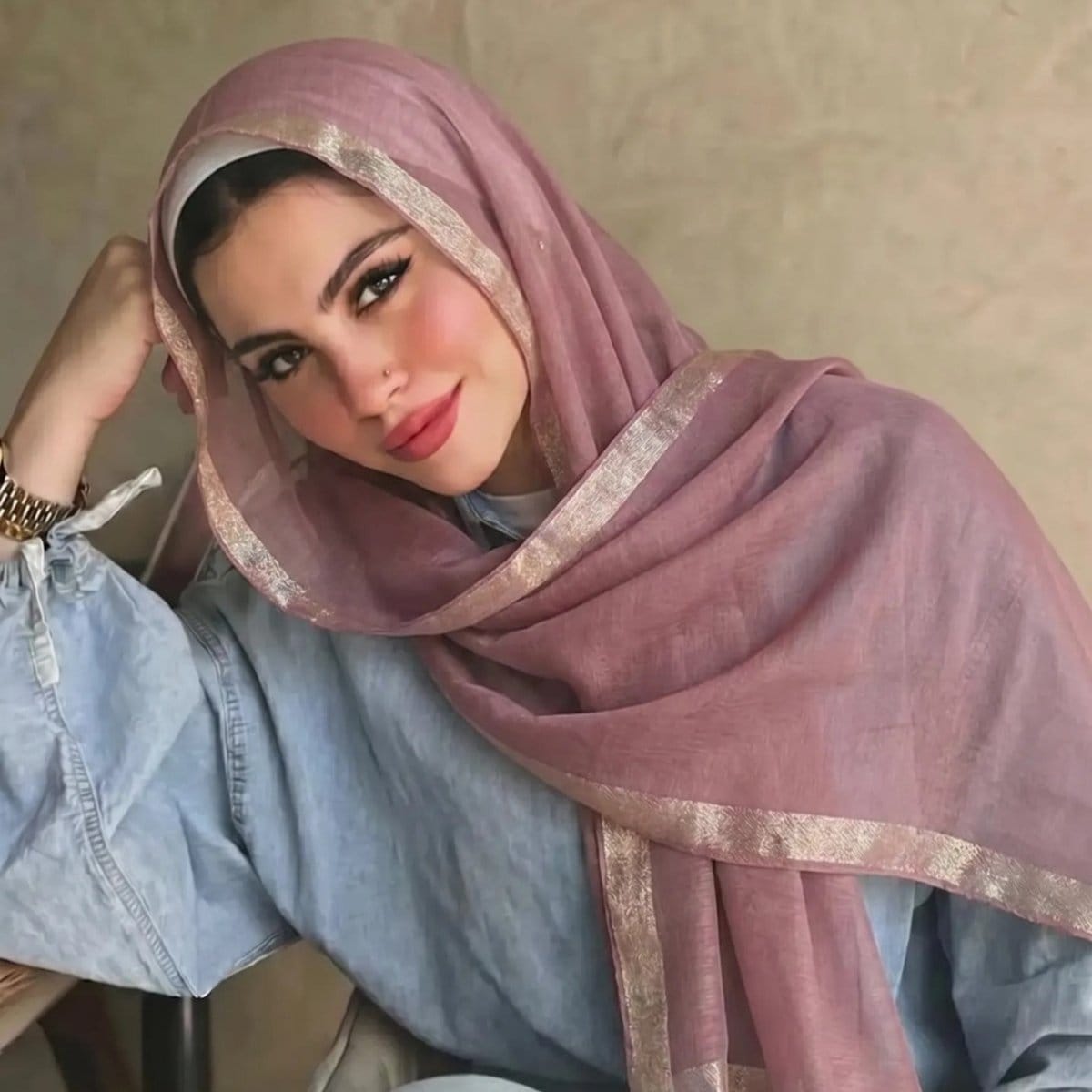 Pearl Beaded Gold Border Chiffon Hijab Shawl(MH236) - A-1 Thread Vault