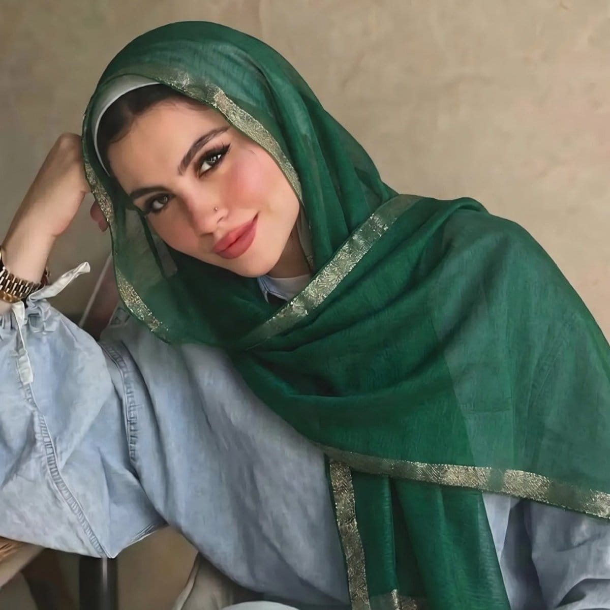 Pearl Beaded Gold Border Chiffon Hijab Shawl(MH236) - A-1 Thread Vault