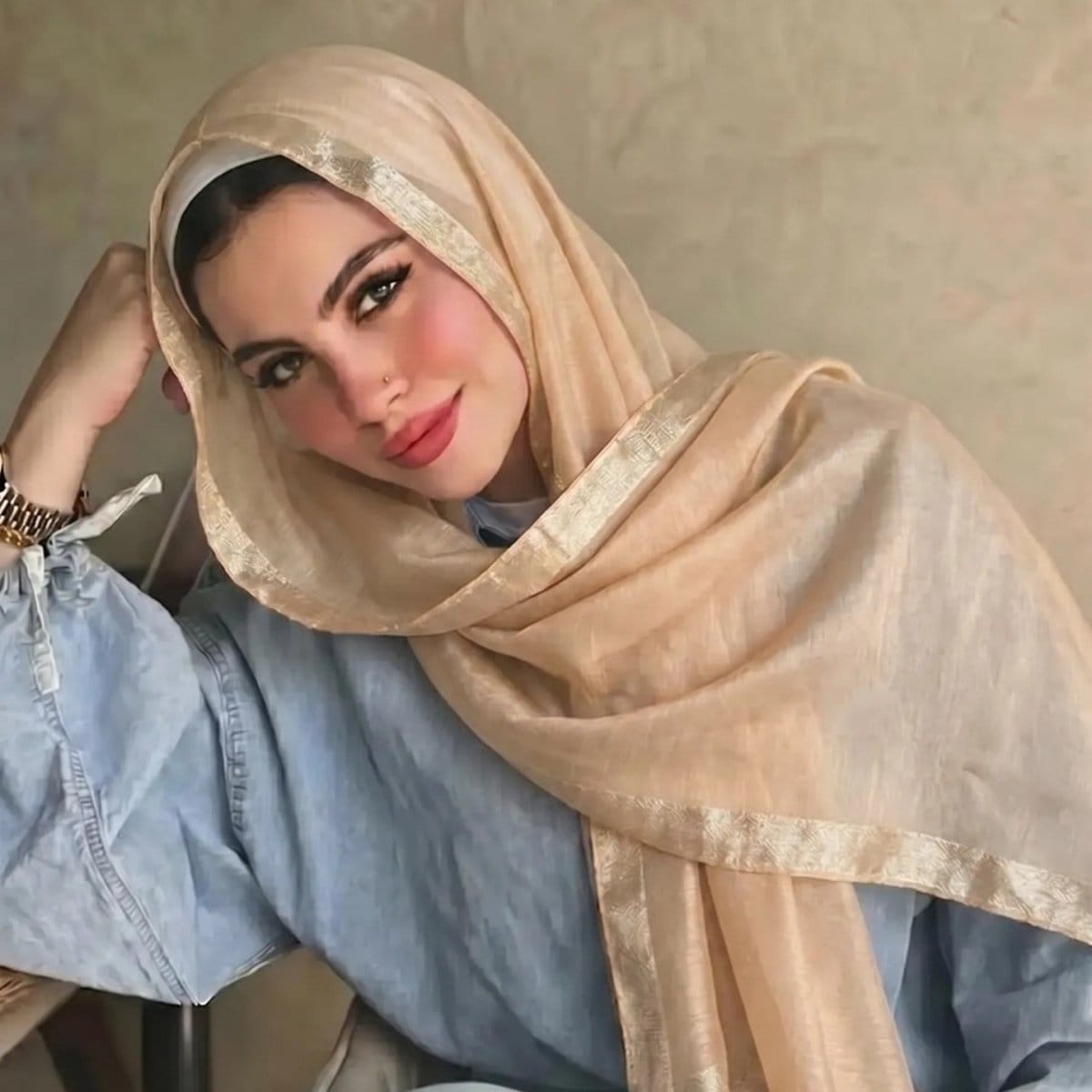 Pearl Beaded Gold Border Chiffon Hijab Shawl(MH236) - A-1 Thread Vault