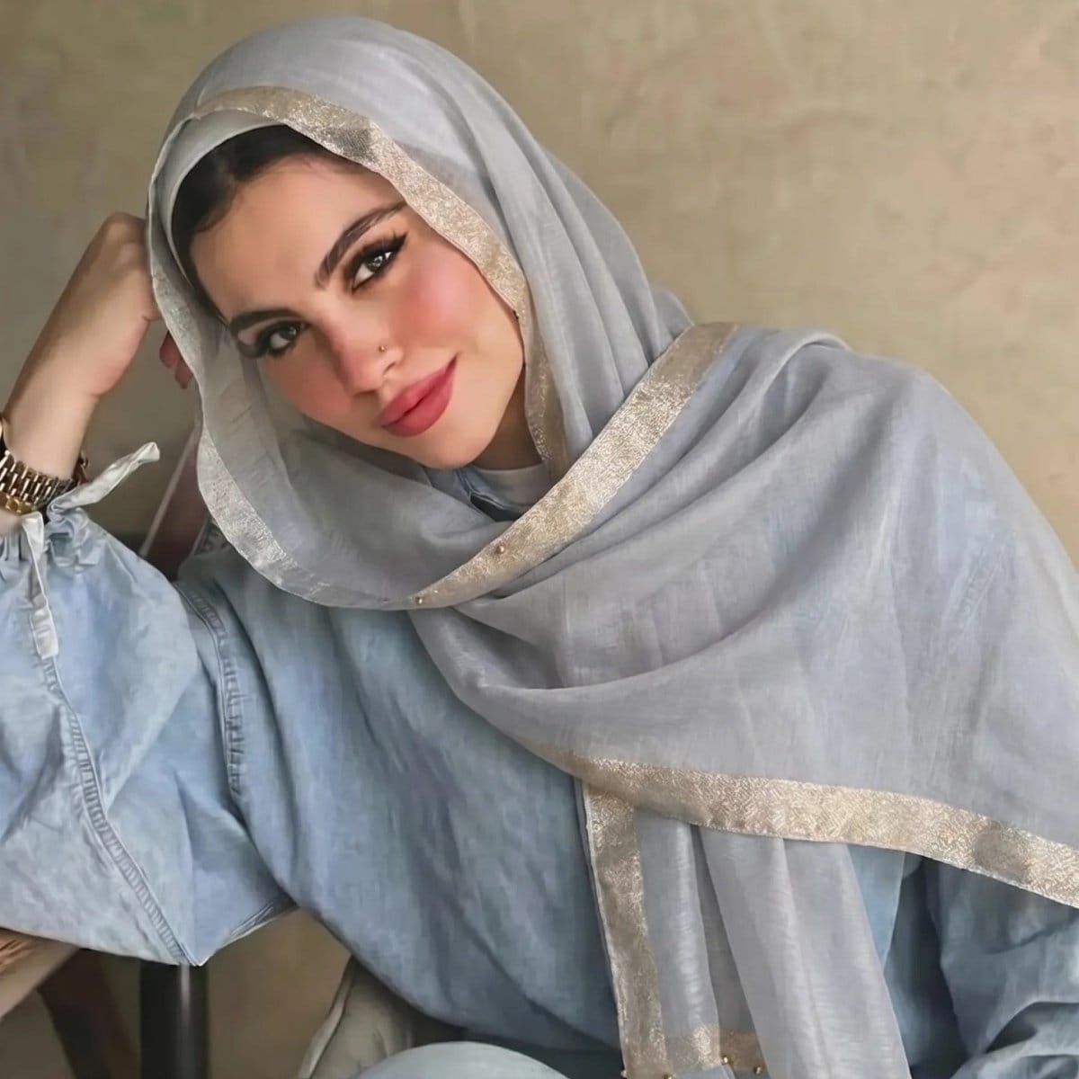 Pearl Beaded Gold Border Chiffon Hijab Shawl(MH236) - A-1 Thread Vault