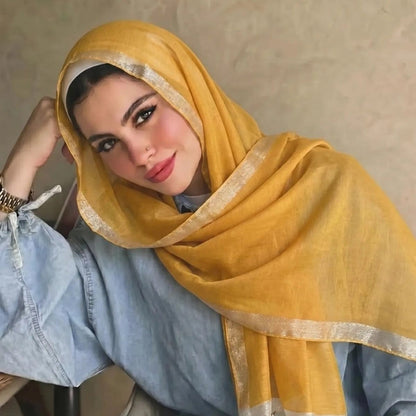 Pearl Beaded Gold Border Chiffon Hijab Shawl(MH236) - A-1 Thread Vault