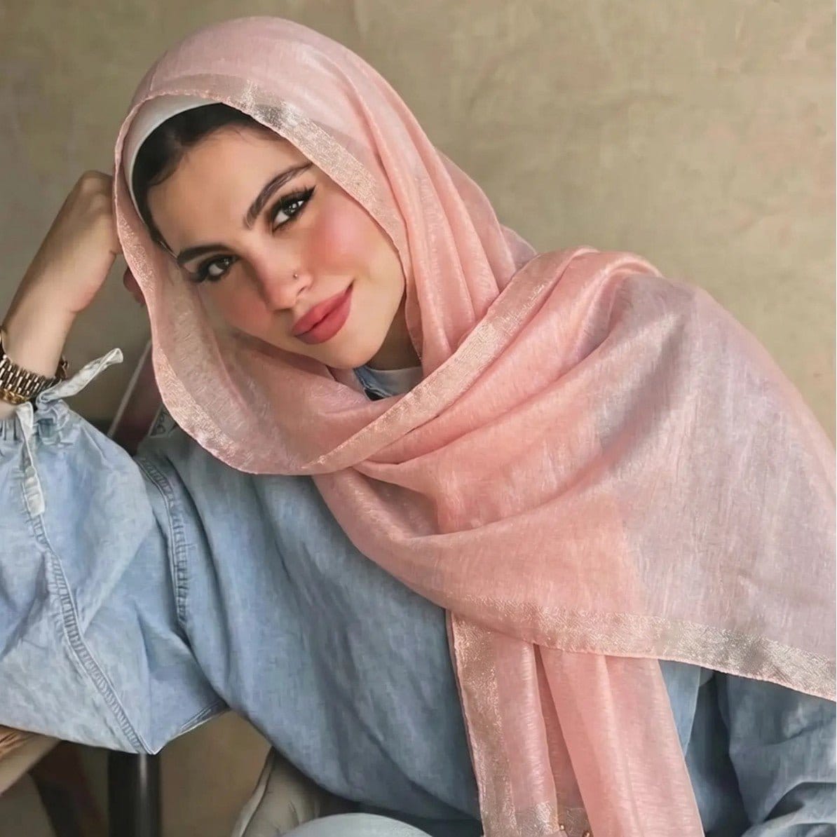 Pearl Beaded Gold Border Chiffon Hijab Shawl(MH236) - A-1 Thread Vault