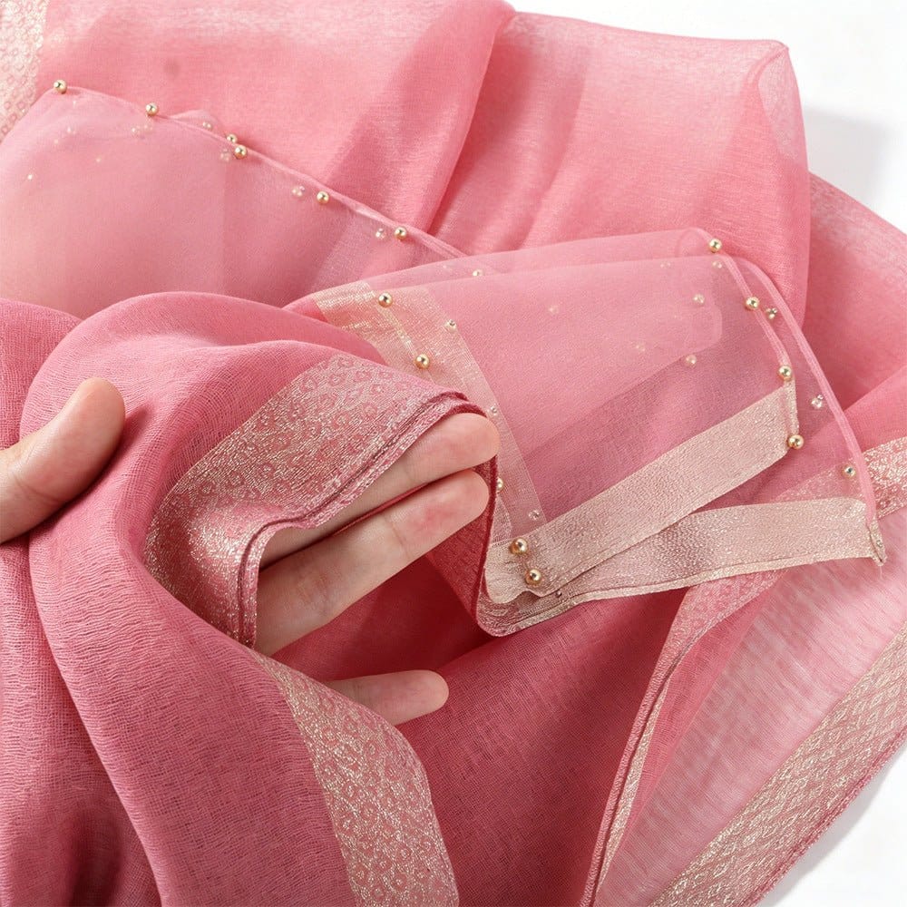 Pearl Beaded Gold Border Chiffon Hijab Shawl(MH236) - A-1 Thread Vault