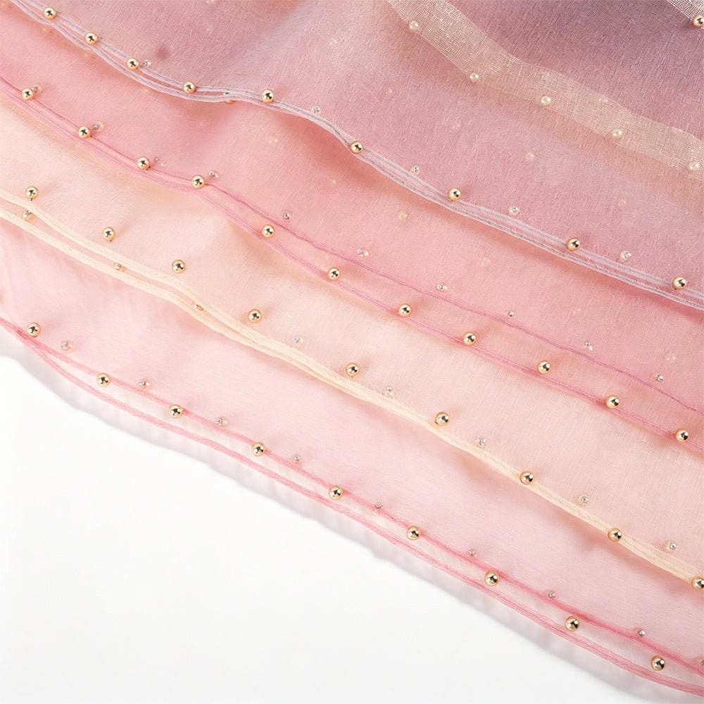 Pearl Beaded Gold Border Chiffon Hijab Shawl(MH236) - A-1 Thread Vault