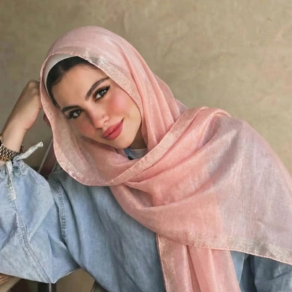 Pearl Beaded Gold Border Chiffon Hijab Shawl(MH236) - A-1 Thread Vault