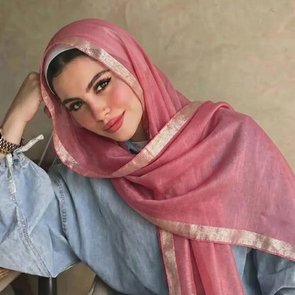 Pearl Beaded Gold Border Chiffon Hijab Shawl(MH236) - A-1 Thread Vault