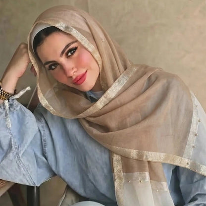 Pearl Beaded Gold Border Chiffon Hijab Shawl(MH236) - A-1 Thread Vault